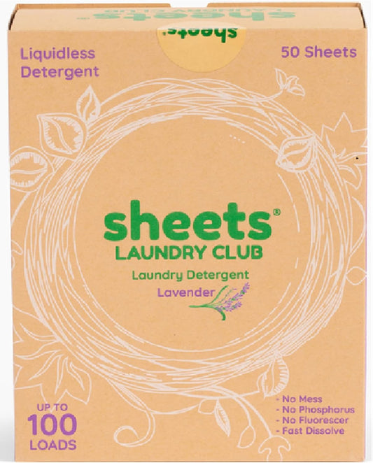 Sheets Laundry Club Laundry Detergent Sheets, 100 Loads - Lavender Scent, Eco-Friendly, Quick-Dissolving Formula, Hypoallergenic, Septic Safe, Plastic-Free Packaging - 50 Sheets