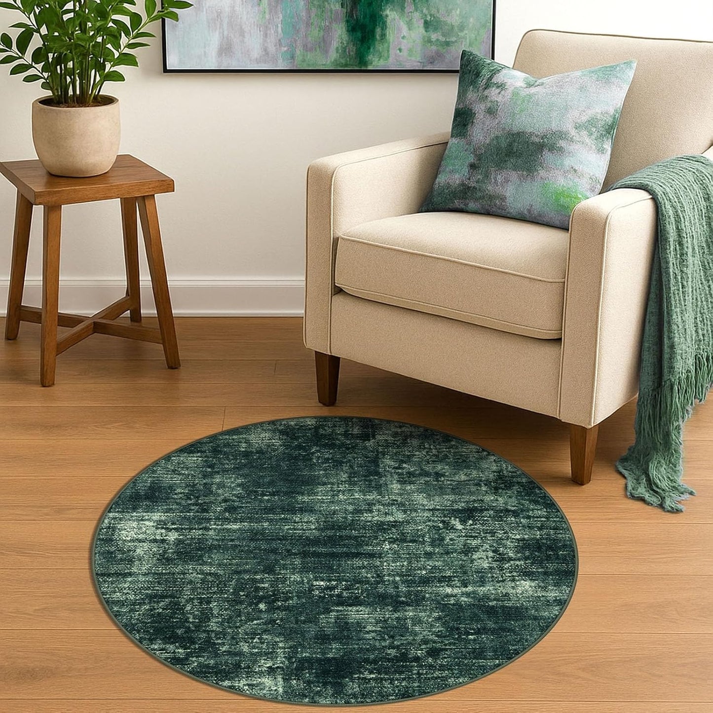 IOHOUZE Round Area Rug 3 Ft Circle Entryway Rugs Round Washable Door Mat Indoor Entrance, Non Slip Circle Front Door Rug, Printed Abstract Faux Wool Floor Carpet for Foyer Porch Sink, Dark Green