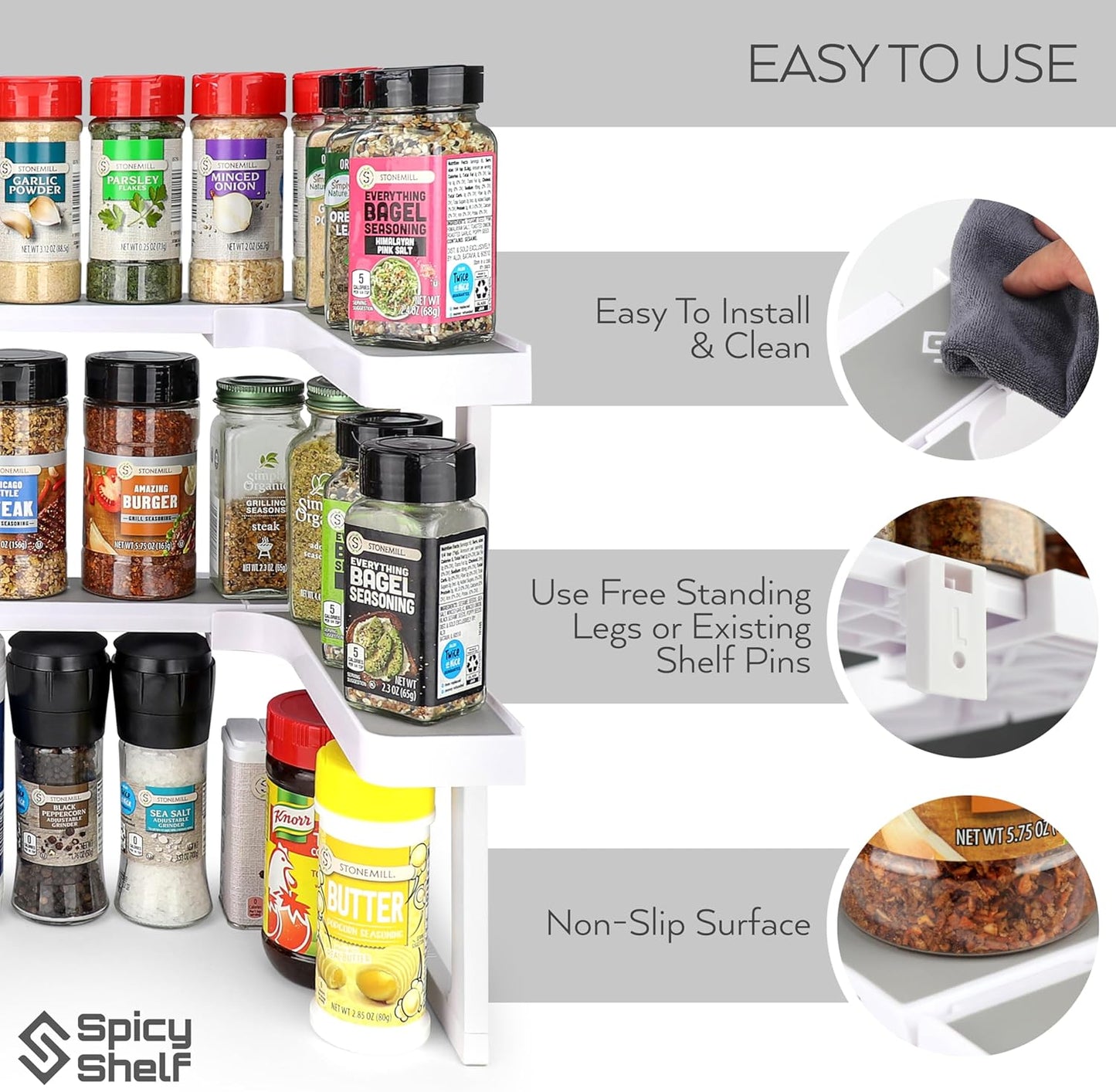 Spicy Shelf Premium – Expandable 2-Tier Spice Rack Organizer for Cabinets & Pantry – Adjustable Stackable Kitchen Seasoning Organizer – Strong Non-Slip Cabinet Organizer for Spices, Bottles & More