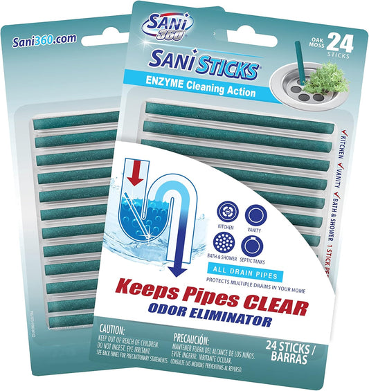 SANI 360° Sani Sticks Drain Cleaner and Deodorizer, Enzyme Pipe Cleaners, Eliminate Odors, Prevent Clogged Drains, Safe for Sinks, Bathtub Drains, Septic Tanks, 24 Count, Oak Moss