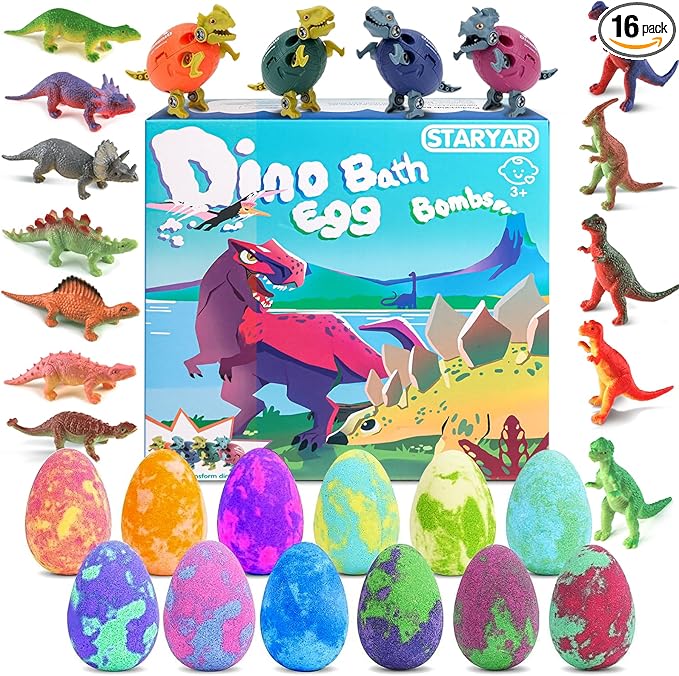 Bath Bombs for Kids with Surprise Toys Inside - 16 Pack Organic Dinosaur Bath Bombs Gift Set, Dinosaur Toys for Kid 3 4 5 6 7 8 9 Years, Bubble Bath Toys, Christmas Gifts, Stocking Stuffers for Kids