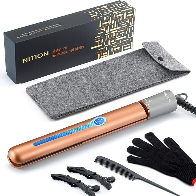NITION Ceramic Tourmaline Flat Iron for Hair LCD 1" Hair Straighteners MCH Fast Heating UP Healthy Smooth Straightening Styling Tools with Travel Pouch Bag. 265-450°F Adjustable 6 Temperatures Levels