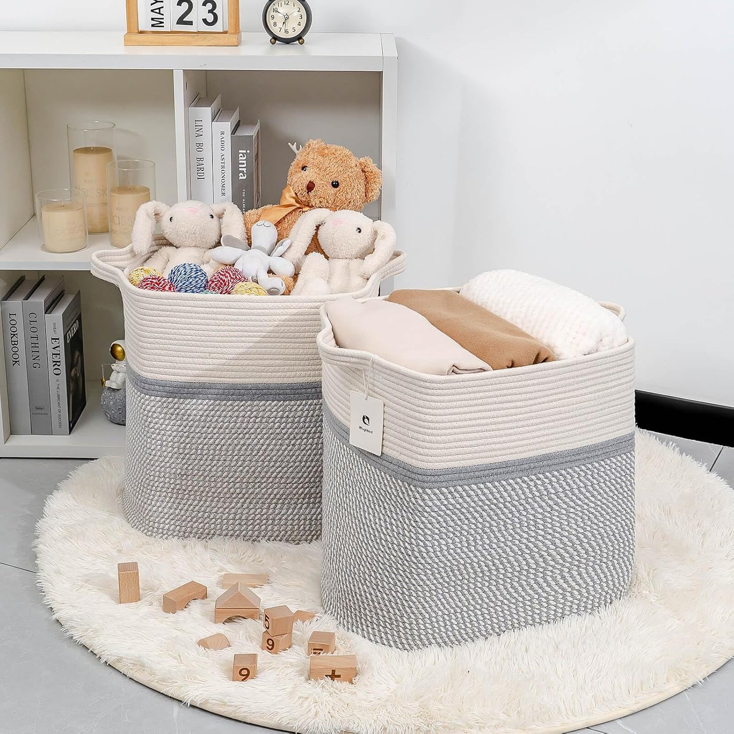 Storage Baskets for Clothes Fabric Cotton Rope Storage Basket with Handles, Decorative Woven Basket for Living Room,Closet Organizer Blankets, and 2bags (White/Gray, L14×W11×H14)