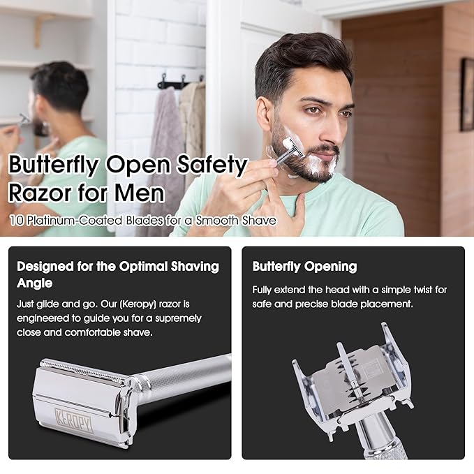 Professional Heavyweight Butterfly Safety Razor for Men - Stainless Steel Single Blade Double Edge De Razor Long Handle with 10 Double Edge Blades - Wet Shaving Kit - Mirror Polished Silver