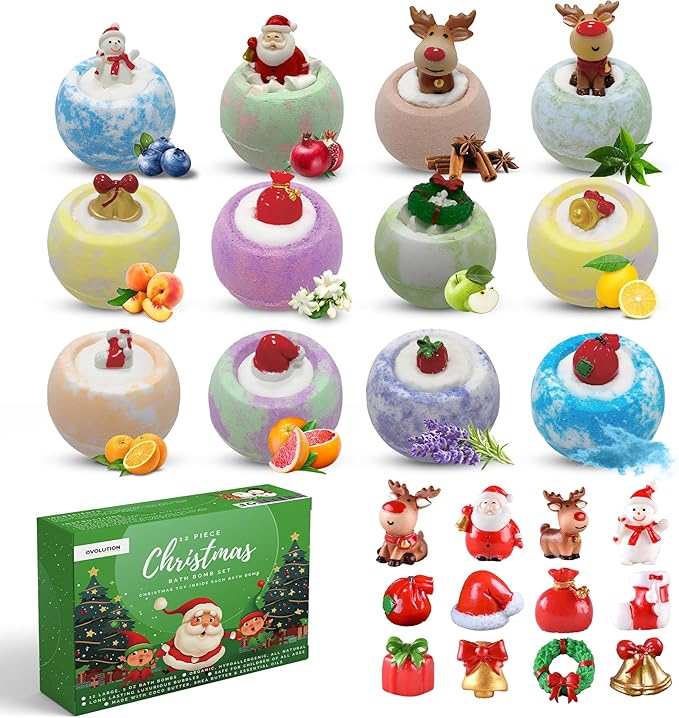 EvolutionUSA - Christmas Bath Bombs for Kids, Holiday Bath Bombs with Surprise Inside, Perfect Christmas Stocking Stuffers or Festive Holiday Bathombs Set, Natural & Hypoallergenic Bath Ball Set