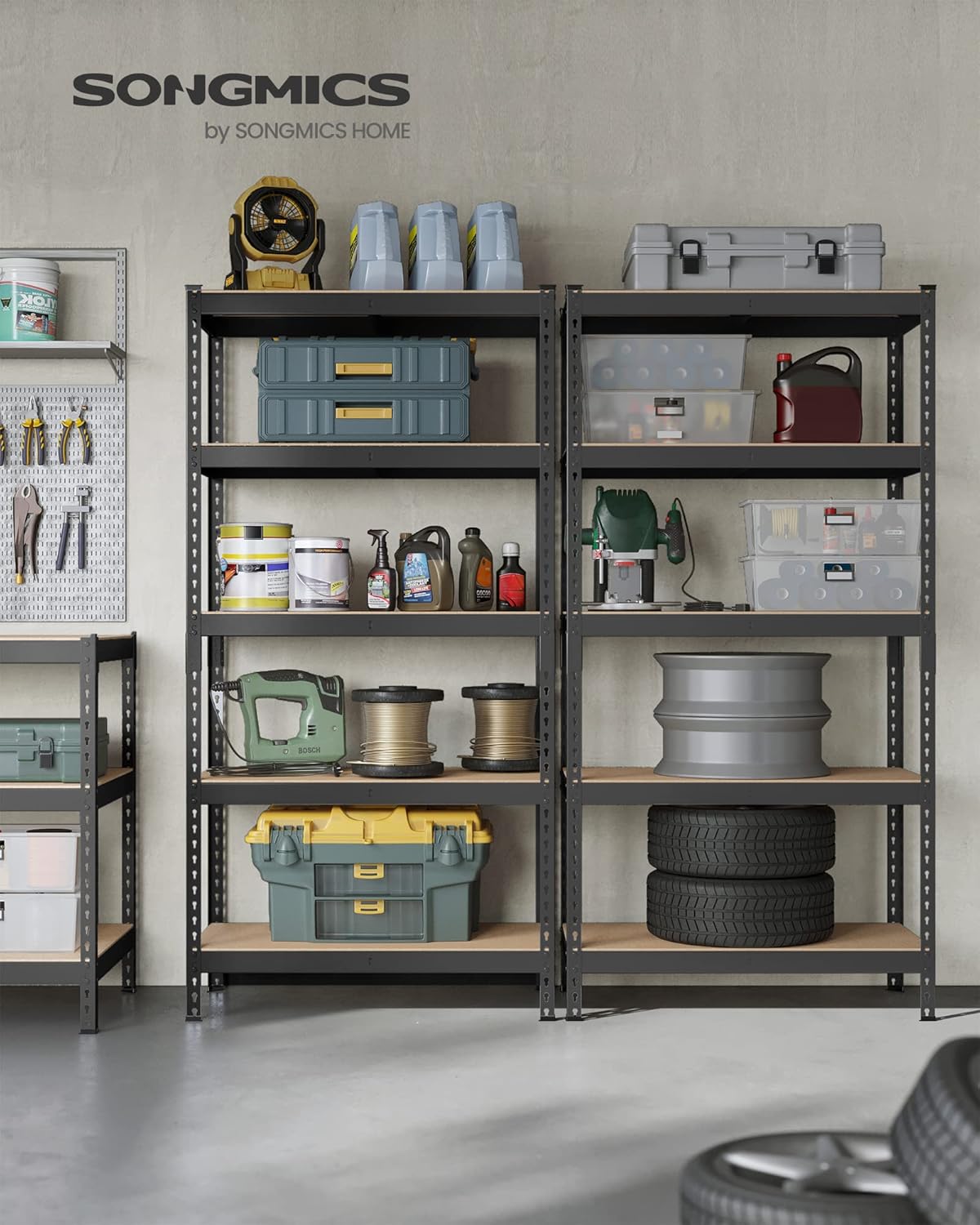 SONGMICS 5-Tier Storage Shelves, Load 2310 lb, Set of 2 Garage Storage, Boltless Assembly, Adjustable Shelving Unit, 17.7 x 35.4 x 70.9 Inches, for Study Shed Basement, Black UGLR450B02