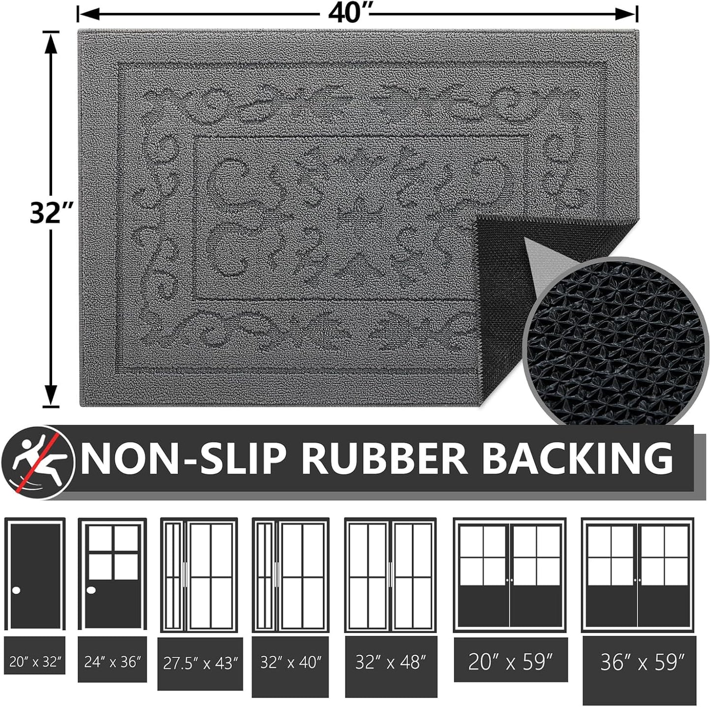 FONEYI Indoor Door Mat 32" x 40", Dirt Trapper Door Mats Non-Slip Entryway Rugs Washable, Absorbent Resist Dirt Welcome Mat, Low Profile Inside Floor Mats for Front Back Door and Entryway, Grey