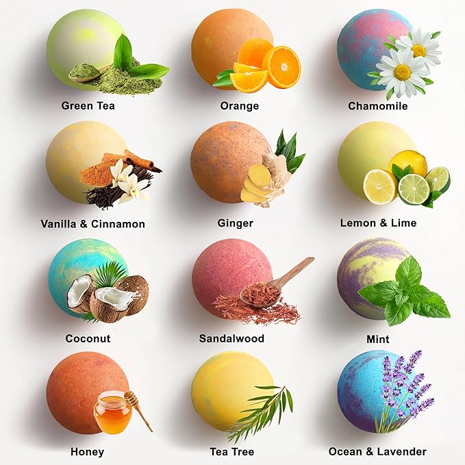 Luxury Bath Bombs for Women - Gift Set of 12 Large Bathbombs with Organic Essential Oils - Natural Vegan Soap for Moisturizing Fizzy Bubbles