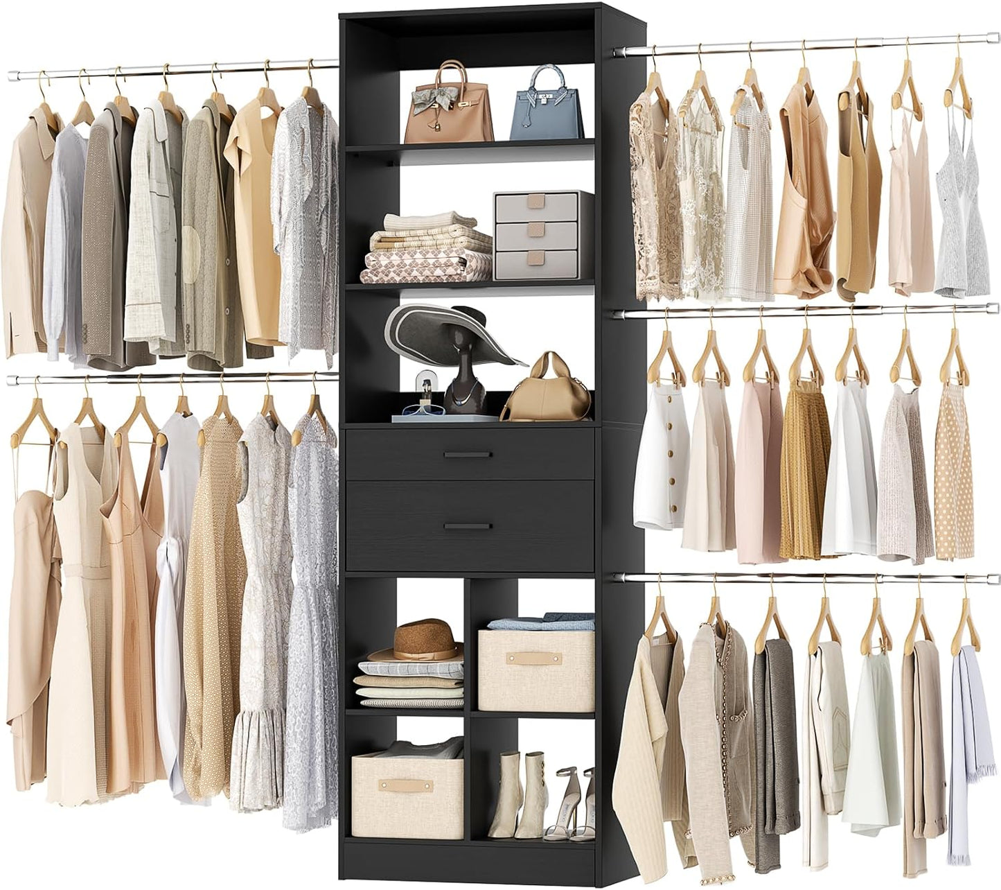 Closet System, 4-8 FT Closet Organizer Tower with 2 Wooden Drawers and Shelves, Can Fit 60 to 96 inch Walk-in Closet System with 5 Hang Rods, Built-in, Black