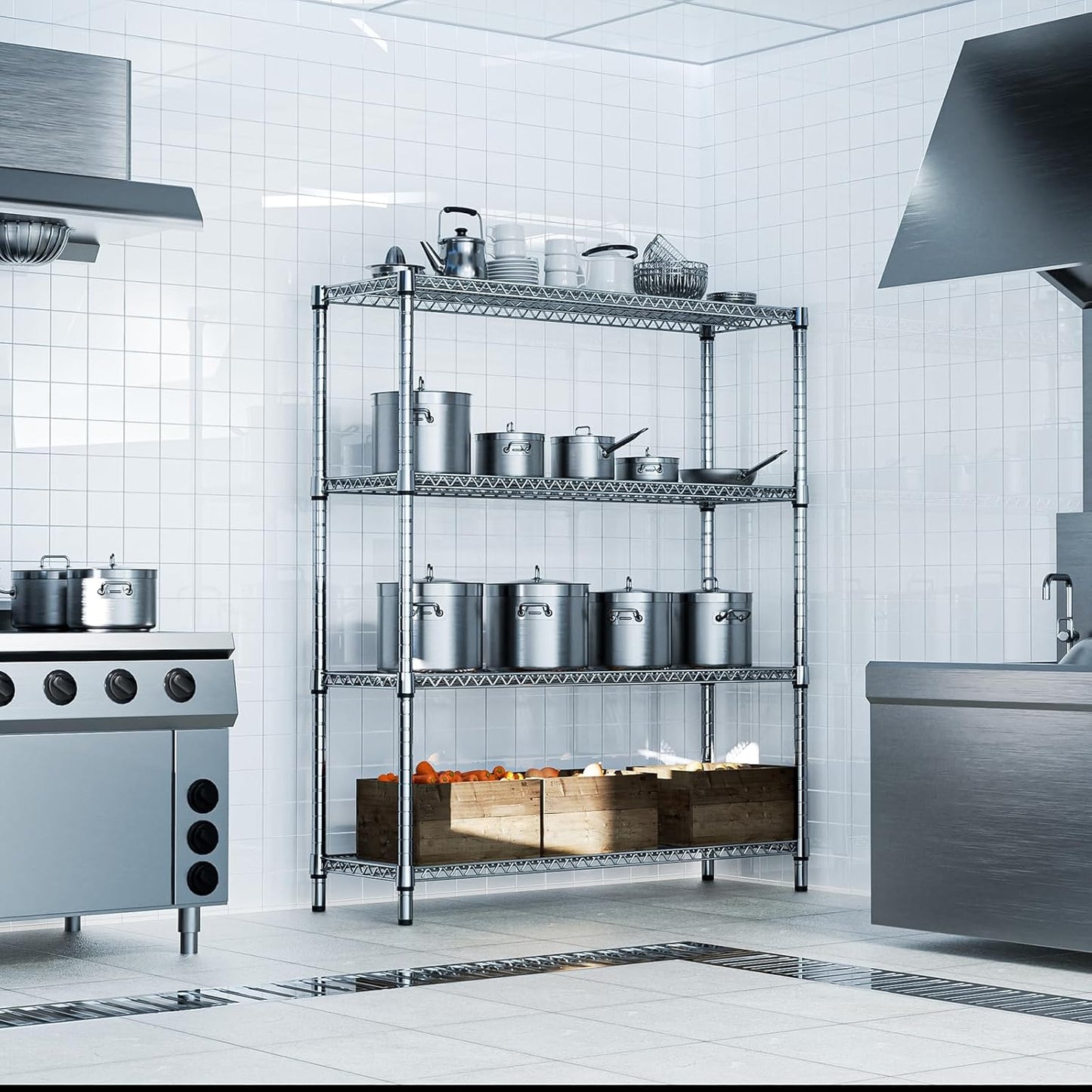 1760 LBs 4 Tier Storage Rack Metal Wire Shelving Unit, Storage Standing Shelf Organizer for Laundry Bathroom Kitchen Pantry Garage Utility Room, Chrome 17.7" D x 59.1" W x 70.4" H