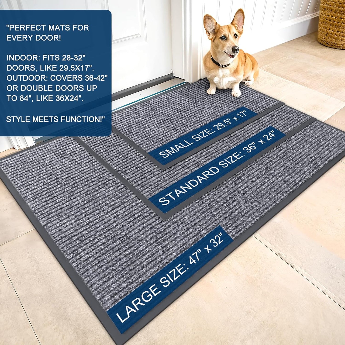 OLANLY Front Door Mat Indoor Outdoor Entrance, Waterproof Heavy Duty Doormat, Fade Resistant, Low Profile, Easy Clean Patio Porch Welcome Floor Mats for Entry, 47x23, Light Gray