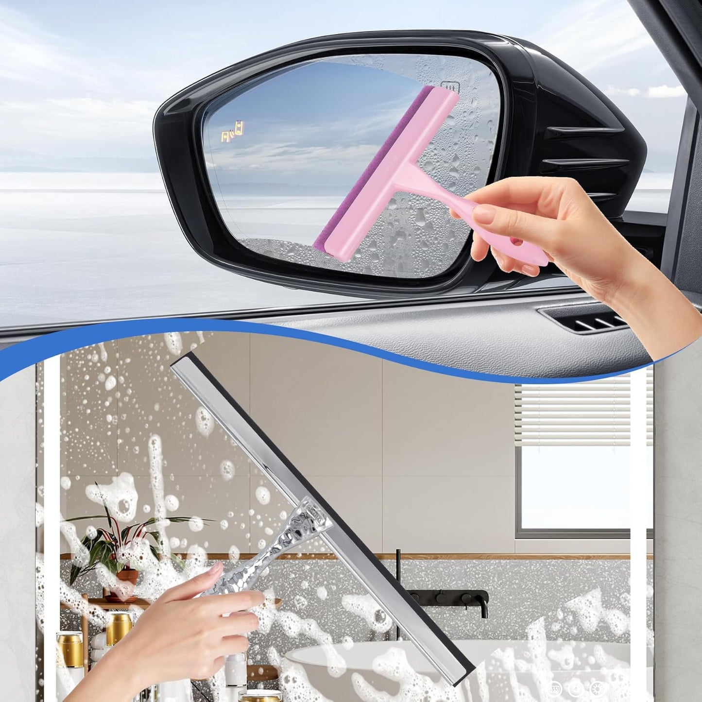 2-Pack Shower Squeegee for Glass Doors, 10 inch Silver Stainless Steel & 5 inch Pink Mini with 2 Hooks, Non-Slip Hammered Handle, Silicone Wiper for Shower, Bathroom, Tile and Mirror