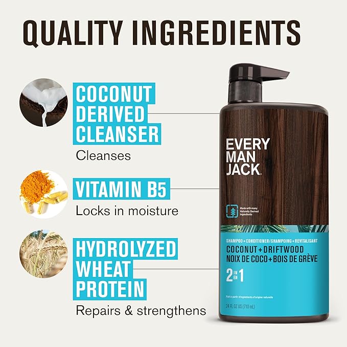 Every Man Jack 2-in-1 Daily Shampoo + Conditioner - Coconut & Driftwood | Nourishing For All Hair Types, Naturally Derived, Cruelty-Free Shampoo and Conditioner Set for Men | 24oz -1 Bottle