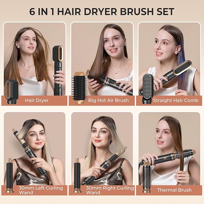 6 in ONE Blow Dryer Brush,Air Curling Iron Round Brush Blow Dryer 800W,Ionic Hair Dryer Brush for Women, Hot Air Brush Hair Styling Tools 100-120V (Black)