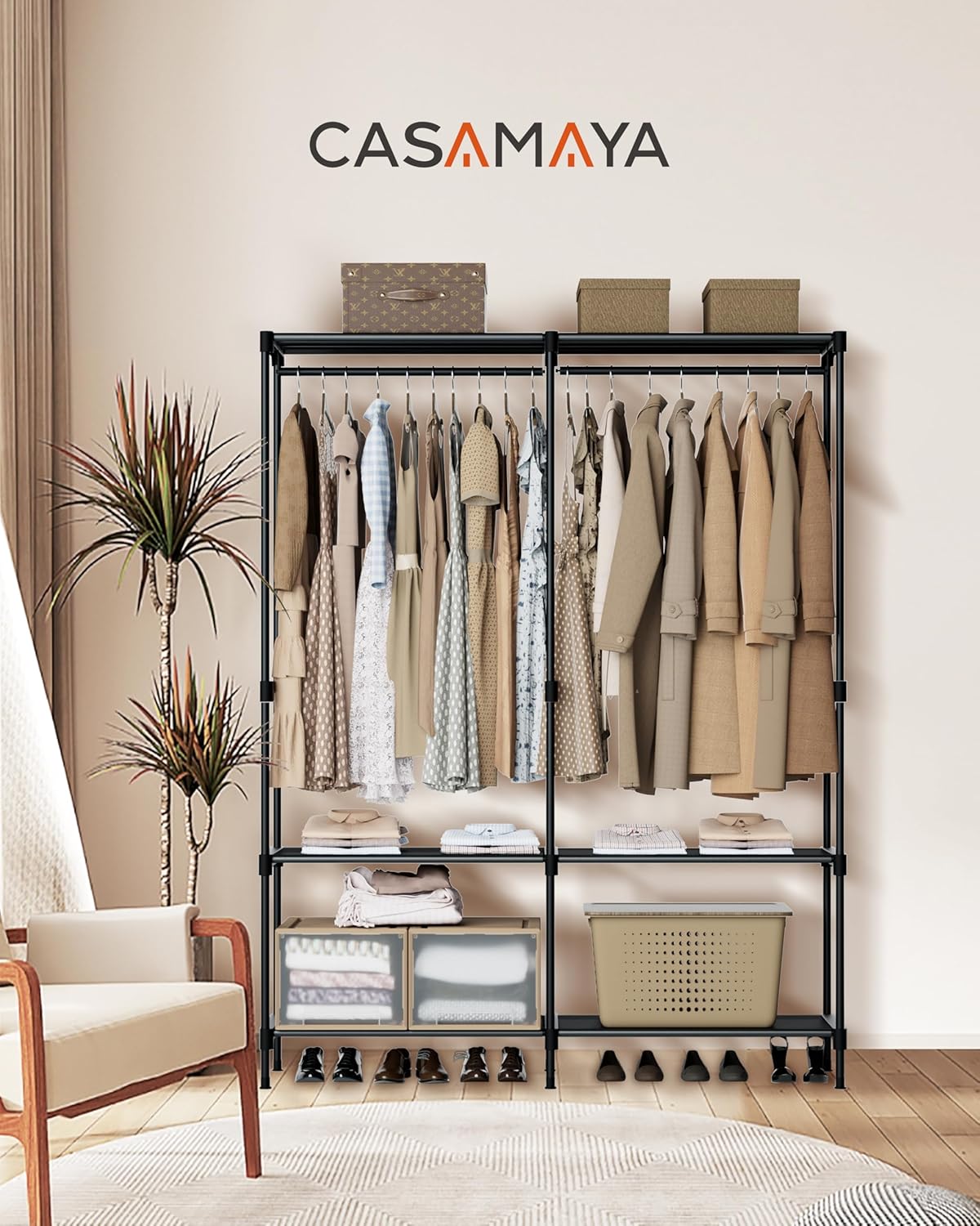 Clothes Rack, Portable Closet, 54.3 Inch Large Capacity Wardrobe Closet, Clothes Storage Organizer with Shelves and 2 Hanging Rods, Easy to Assembly, Black PCT002B01