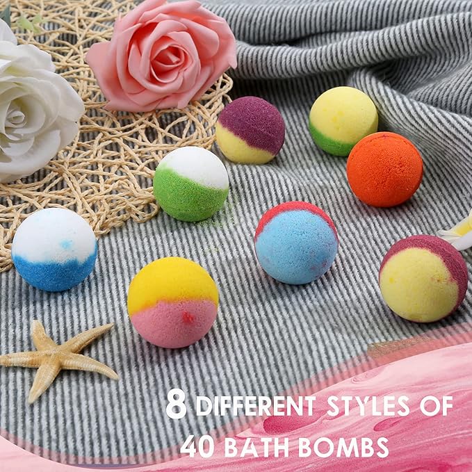 Bath Bomb Gift Set, Family Pack Mini Bath Bombs with Reusable Bowknot, 40 Pcs Organic & Natural Bath Bombs for Kids, Women and Men, Best Gift for Valentine's Day & Any Anniversaries