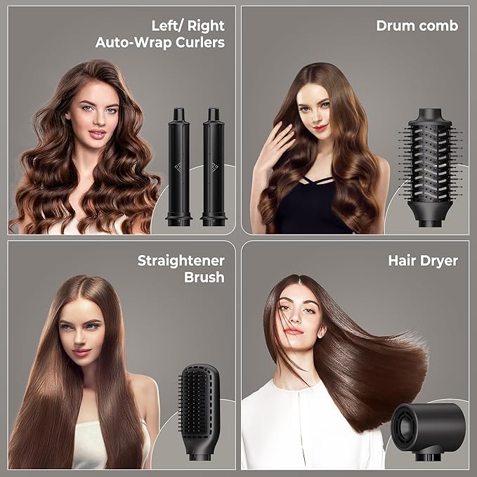 Hair Dryer Brush 5 in 1 Autowrap Hot Air Hair Styler with High-Speed Aluminum Alloy Blow Dryer Brush Volumizing, Straightening & Fast Drying with Negative Ion, No Heat Damage, Black