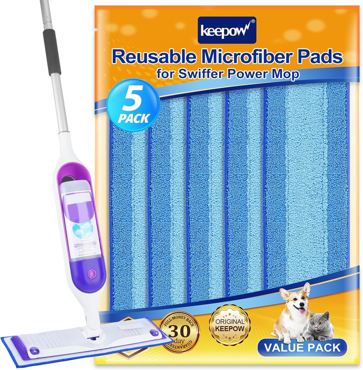 Reusable Mop Pads for Swiffer PowerMop, 5 Pack Microfiber Mop Pad Refills with Scrubber Strips for 13''-15'' Spray Mop, Washable Mop Pads Use for Most Floor Types, Mop Pads Replacement for Dry Wet Mop