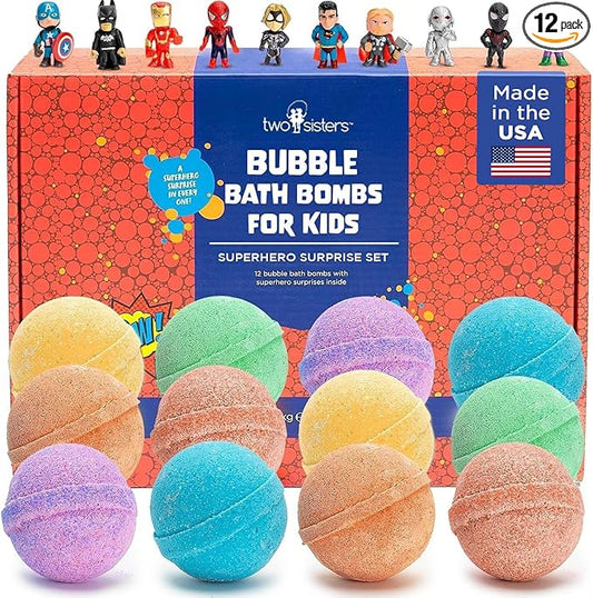 Superhero Boys Bath Bombs with Surprise Hero Toys Inside (12 Pack) - Large Bubble Bomb, Fruity Scents, Relaxing Aromas - Ideal Birthday Gift for Kids by Two Sisters
