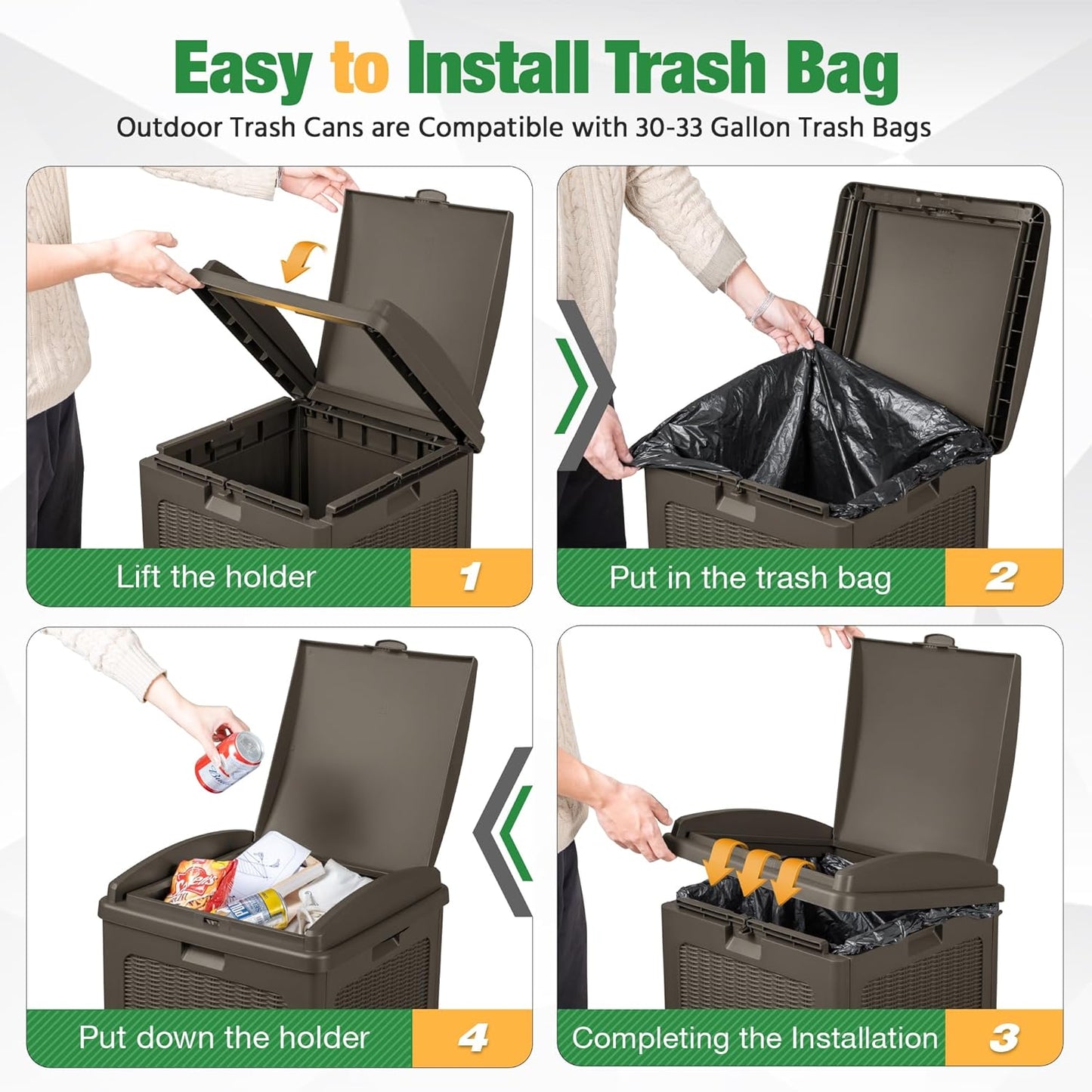 Flamaker 30 Gallon Trash Can, Resin Outdoor Garbage Can with Lid, Waterproof Hideaway Patio Waste Bins for Outside Use (Deep Brown)