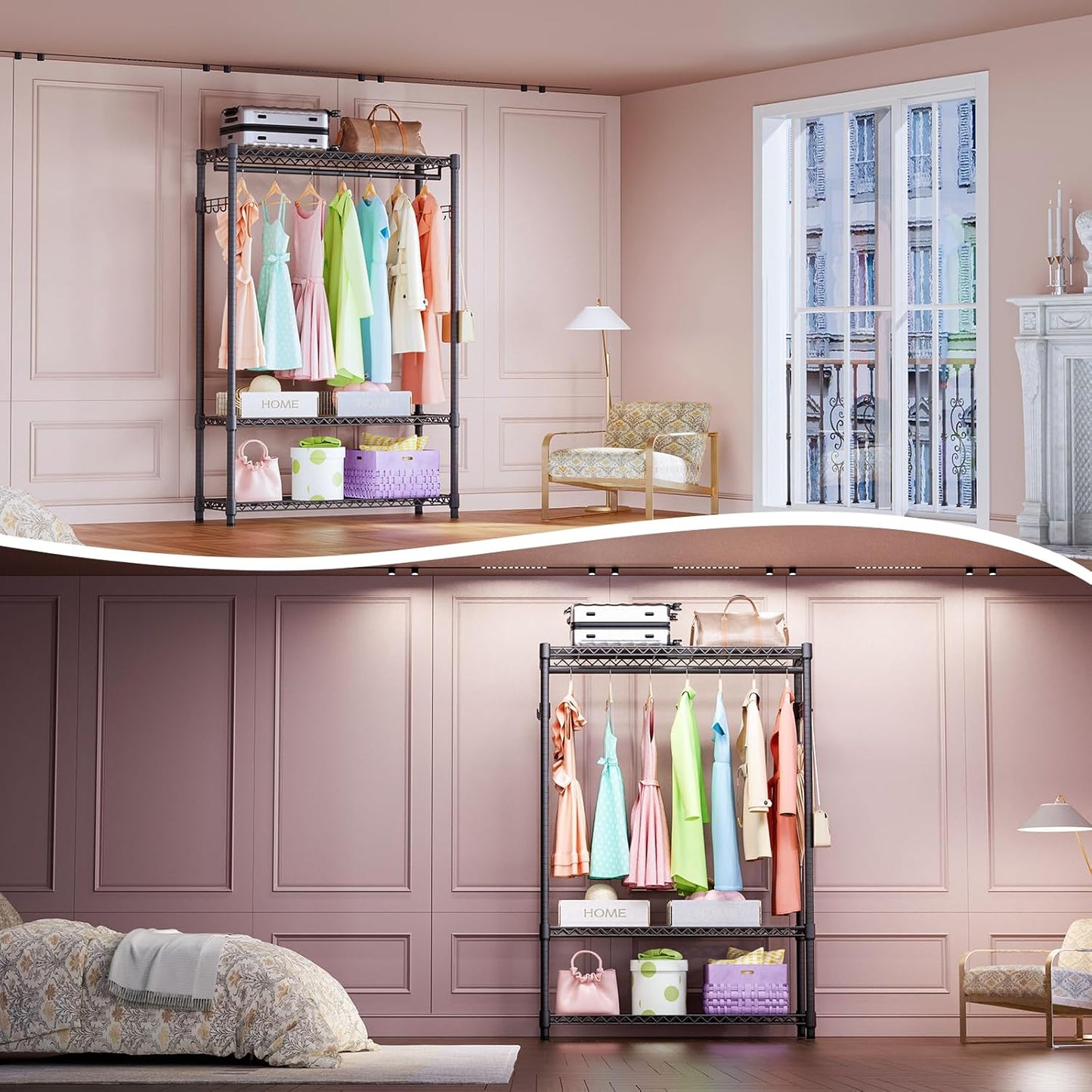 IZEUK 3 Tier Heavy Duty Garment Rack Wire Clothes Rack for Hanging Clothes, Metal Freestanding Closet Wardrobe Rack with 1 Rod and Side Hooks Dark Grey 15.7" D x 45.3" W x 72.4" H