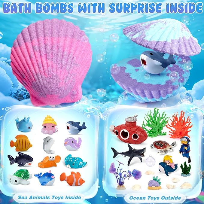 Ocean Bath Bombs for Kids with Toys Inside, 12 Pack Kids Shell Bath Bombs with Surprise Sea Animal Toys for Boys Girls Handmade Bubble Bath Fizzies Birthday Christmas Gift Set