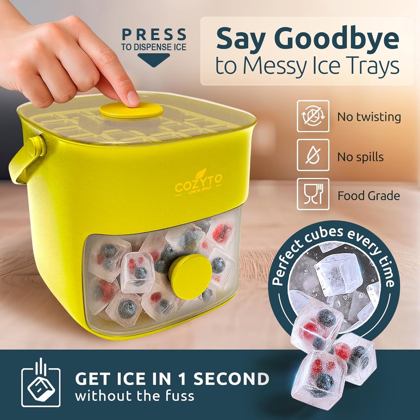 COZYTO CubeGo Ice Cube Tray with Lid and Storage Bin – One-Press Release, 48 Mini Ice Cubes, BPA-Free, Odor-Proof, Includes Scoop – DIY Fruit Ice for Cocktails, Drinks & Smoothies (Avocado Green)