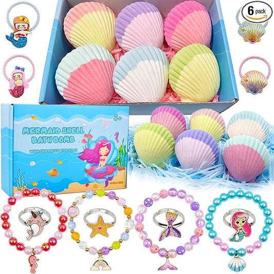 Mermaid Bath Bombs for Kids Girls with Surprise Inside, 6 Pcs Natural Fizzy Princess Fun Shell Bubble Bath Bomb Kit with Jewelry Toys, Christmas Easter Basket Stuffer Valentines Day Birthday Gift Set