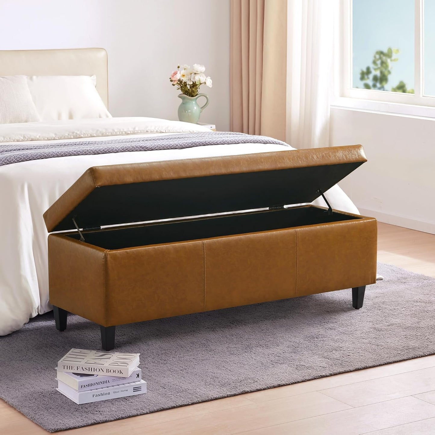 HUIMO Faux Leather Storage Ottoman Bench 50.3 Inch Extra Long PU Upholstered Bedroom Bench with Large Storage Space for The Living Room, Entryway, Bedroom Hold Up to 300lbs (Light Brown)