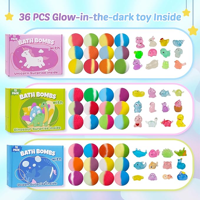 Bath Bombs for Kids with Toy Inside, 36 Pcs Bath Bombs with Glow in The Dark Dinosuar, Animal and Ocean Surprise Inside, Handmade Organic Bubble Bath Ball Gift Set for Birthday, Easter, Christmas