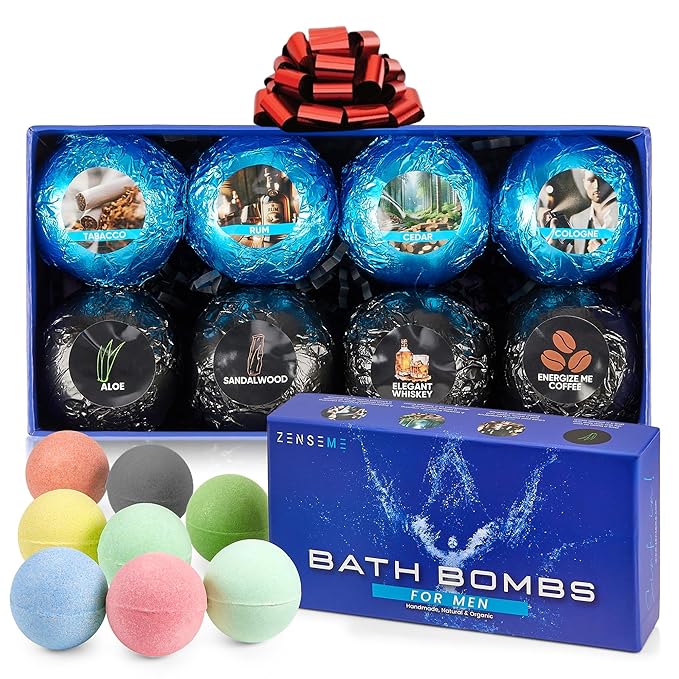 Bath Bombs for Men - Mens Relaxing Bath Bombs Gift Set - Organic with Masculine Scents for Him - 2.5 Oz Each - Gift Set of 8 Scented with Natural Essential Oils for Boyfriend, Husband or Father