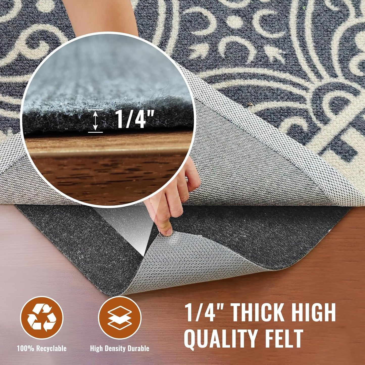 Felt Rug Pad, 2 x 10 Ft Rubber Non-Slip Rug Pad Gripper, Keep Rugs Secure and in Place, Extra Strong Under Carpet Mat Cushion - for All Floors