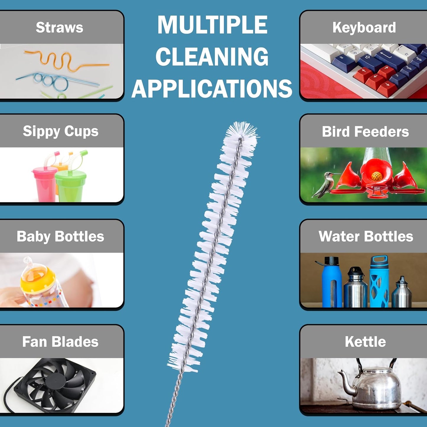 Strong 'n Flex Nylon Straw Cleaner Brushes – Fan-Shaped End for Tight Spaces, Ideal for Reusable Straws, Water Bottles, Sippy Cups & Pipes – Includes Zippered Pouch – 8", 10”, 12” Long – Set of 9