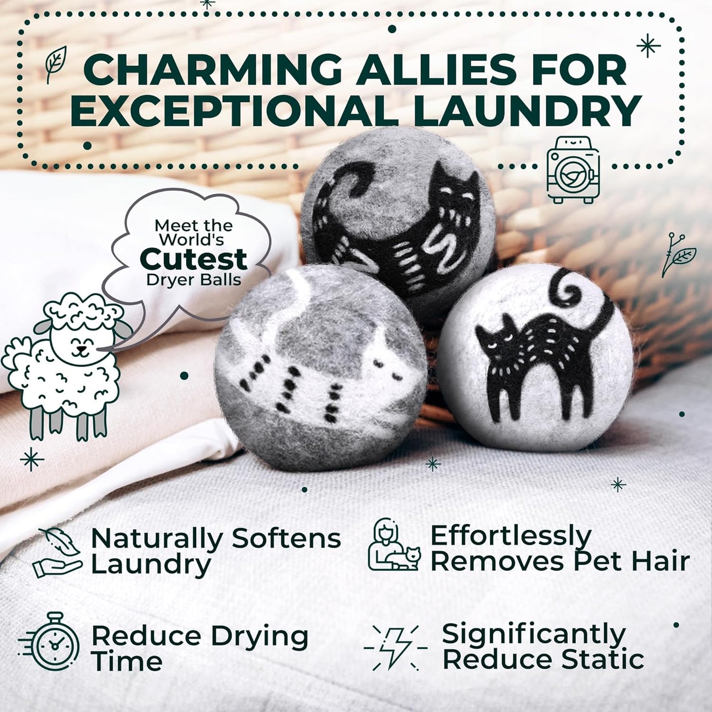 No More Dryer Sheets! Reusable Wool Dryer Balls XL 6-Pack - Reduces Static, Cuts Dry Time, & Softens Naturally