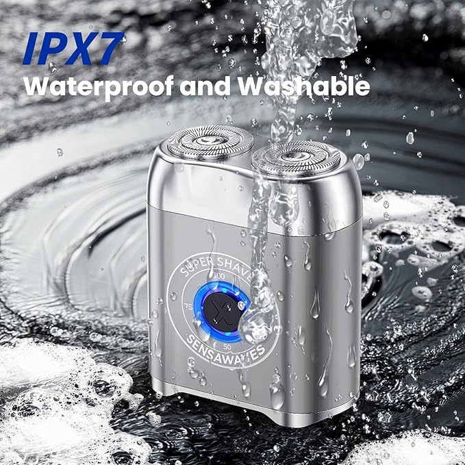 Electric Shaver for Men, Portable Travel Shaver for Face & Beard, IPX7 Waterproof Rechargeable Razor with Detachable Head, Cordless Wet/Dry Shaving, Easy Cleaning, Includes Storage Case (Silver)