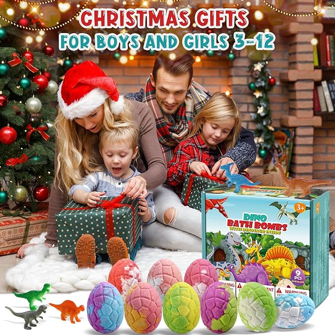 Bath Bombs for Kids with Dinosaur Toys Inside, 9 Pack Natural and Organic Dinosaur Bath Bombs Bubble Bath Gift Set, Stocking Stuffers for Kids, Perfect Christmas Birthday Gifts for Kid 3-12