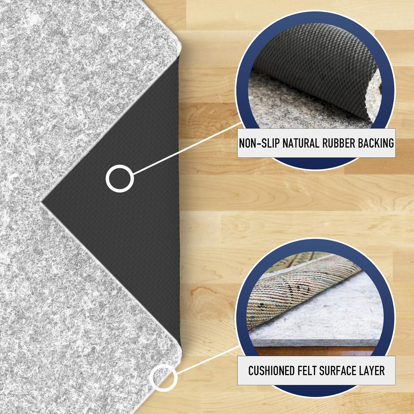 RUGPADUSA - Dual Surface - 6'7" x 9' - 1/4" Thick - Felt + Rubber - Non-Slip Backing Rug Pad - Safe for All Floors