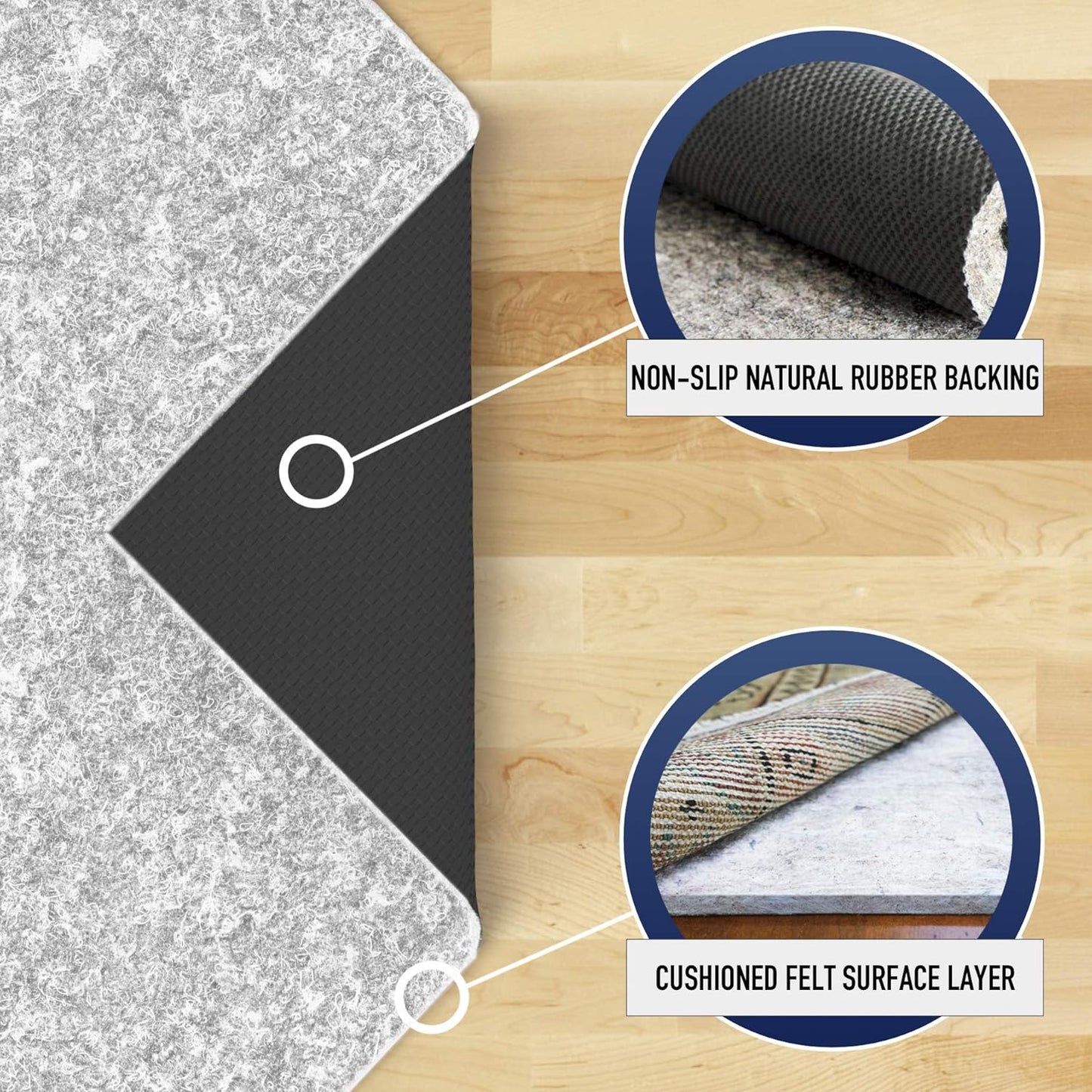 RUGPADUSA - Dual Surface - 6'x9' - 1/4" Thick - Felt + Rubber - Non-Slip Backing Rug Pad - Safe for All Floors