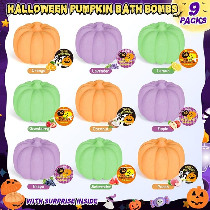 9 Pack Halloween Pumpkin Bath Bombs for Kids, Halloween Bubble Bath with Surprise Toy Inside, Halloween Treat Bags Gifts for Kids Girls Boys