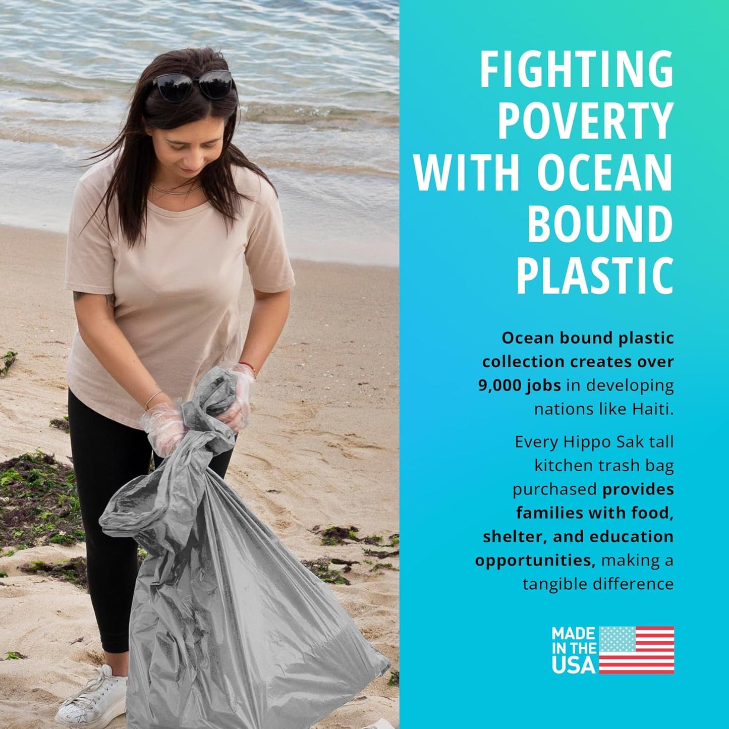 Hippo Sak - Tall Kitchen Garbage Bags with Ergonomic Handles - 13 Gallon Trash Bags Made from Recycled Ocean Bound Plastic - Super Strong and Leak Proof Tall Kitchen Trash Bags (45 Count)