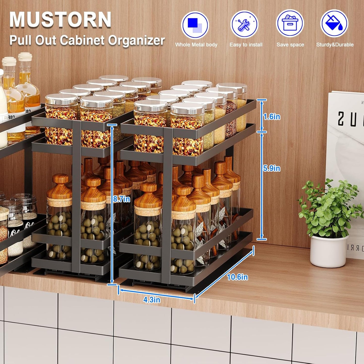Pull Out Spice Rack Organizer for Cabinet, 2 Tier Metal Slide Out Seasoning Organizer and Storage Heavy Duty Vertical Spice Rack Shelf Pullout for Kitchen Cabinets No Drilling(1 Pack, Black)