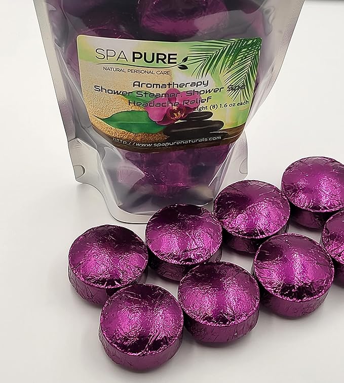Spa Pure Headache Relief Aromatherapy: Shower Bombs USA Made with 100% Natural/Organic Essential Oils - Lavender, Eucalyptus - Transform Your Shower (8 Count) Pack of 1