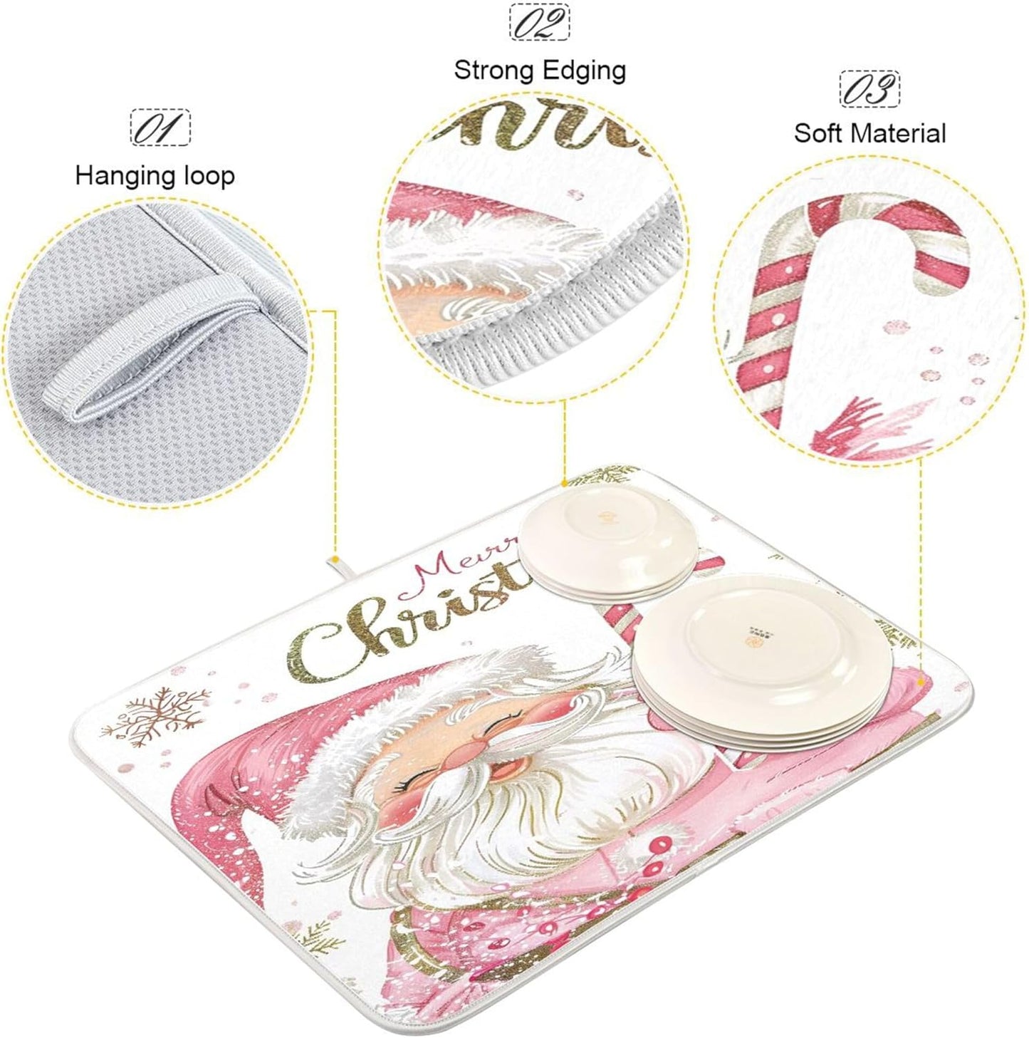 Christmas Santa Claus Pink Dish Drying Mat for Kitchen Countertop 16x18 Xmas Candy Cane Snowflake Small Drying Mat Reusable Quick Dry Dish Sink Mats Easy Clean Decorative Essentials