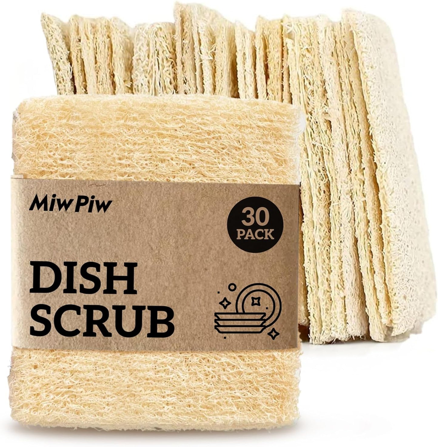 Natural Loofah Dish Sponge (Pack 30) Multipurpose Dish Sponges - 100% Biodegradable Compostable Dishwashing Scouring Pad Zero Waste (2.75" x 2.75" Each)