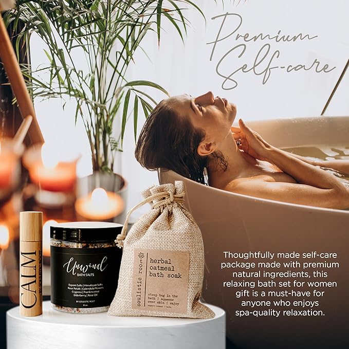 Soulistic Root Relaxing Bath Gift Set, Luxury Spa Gifts for Women, Self Care Products for Women and Men, Calm Essential Oil Roller, Oatmeal Lavender Bath Soak & Epsom Salts with Essential Oils