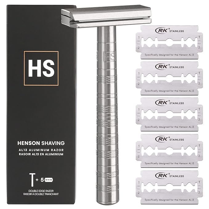 Henson Shaving Razor - Aluminum Double Edge Safety Razor with 5 Spare Blades - 30° Angled Precision With Superior Blade Rigidity- Reusable Single Blade Razors For Men and Women - Mild Aggression