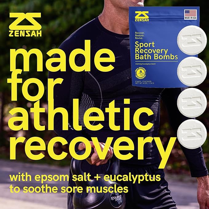 Zensah Sport Recovery Bath Bombs - Magnesium Epsom Salt for Soaking Sore Muscles, Birthday Gifts, Made in USA with Essential Oils, Peppermint and Eucalyptus Relaxation for Athletes, Men and Women