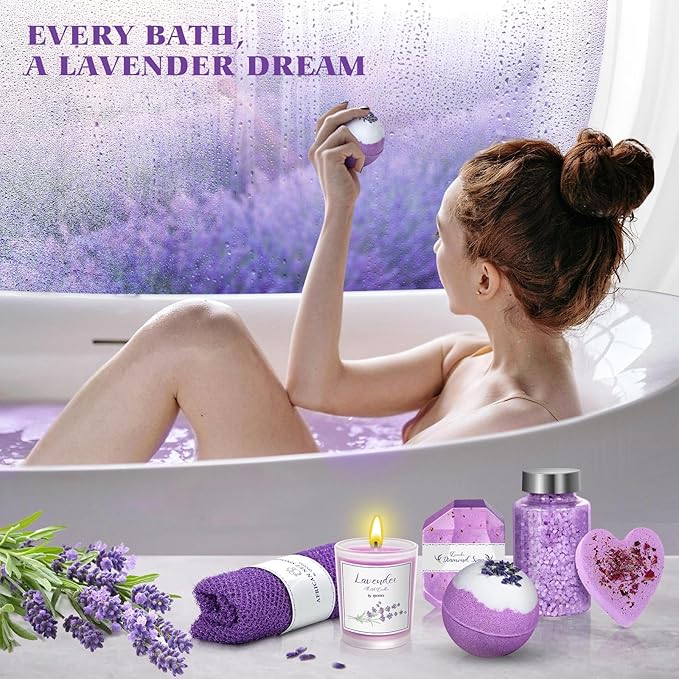 Bath Gift Set for Women, Christmas Stocking Stuffers for Women, Birthday White Elepant Gifts for Wife Her Sister Mom Auntie Grandma Friends, Relaxing Spa Self Care Lavender Bath Bombs Set﻿
