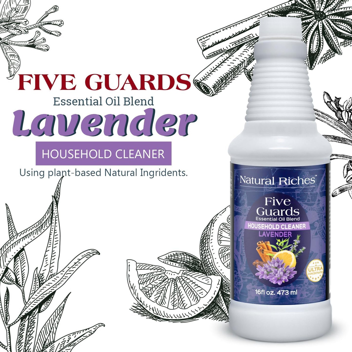 Natural Riches Household Cleaner Concentrate Five Guards Lavender scent from The Tales of French stories of Thieves Essential oil Blend household cleaner - 16 fl oz