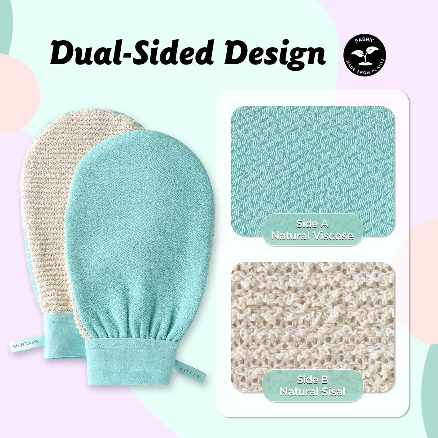 LOTTA Dual-Sided Exfoliating Gloves - Natural Viscose & Sisal for Deep Body Scrub & Massage - Gentle for Sensitive Skin - Replaces Loofah (Green-Soft)
